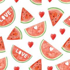 Watercolor watermelon seamless pattern, summer ripe fruit. Watermelon party