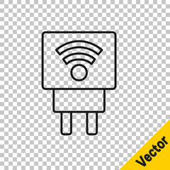 Black line Smart electric plug system icon isolated on transparent background. Internet of things concept with wireless connection. Vector