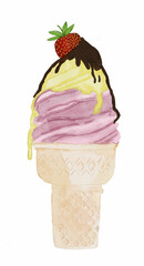 Ice cream cone with 3 flavors, hand drawn watercolor