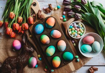 Tray of brightly colored Easter eggs surrounded by tulips.