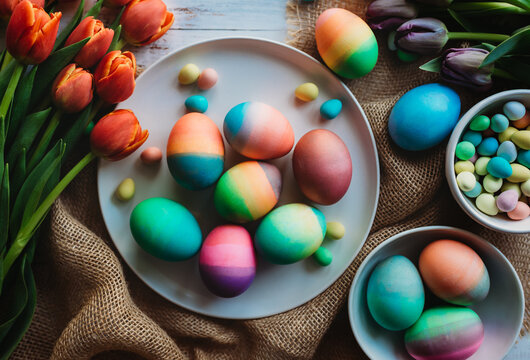 Assortment of brightly colored Easter eggs surrounded by tulips.