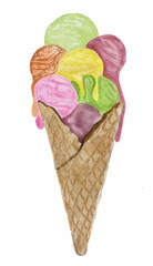 Ice cream cone with various flavors, hand drawn watercolor