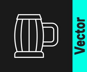 White line Wooden beer mug icon isolated on black background. Vector