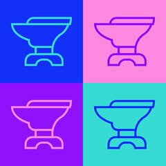 Pop art line Anvil for blacksmithing and hammer icon isolated on color background. Metal forging. Forge tool. Vector