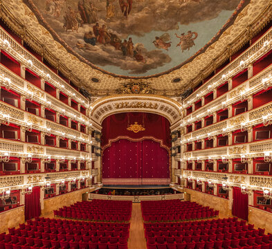 Interior of San Carlo theater (Teatro di San Carlo), Naples, Italy. Opened in 1737, it is the oldest theater in operation.