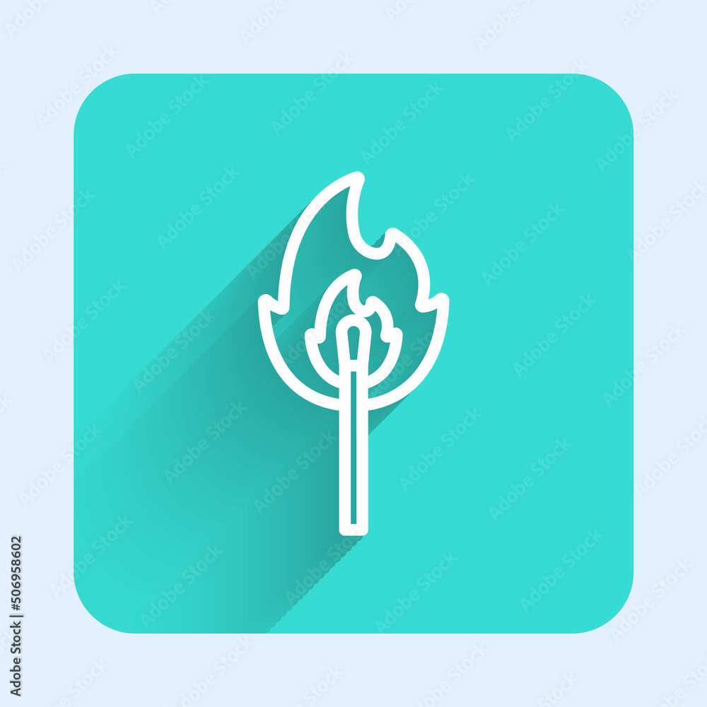 Poster white line burning match with fire icon isolated with long shadow background. match with fire. match
