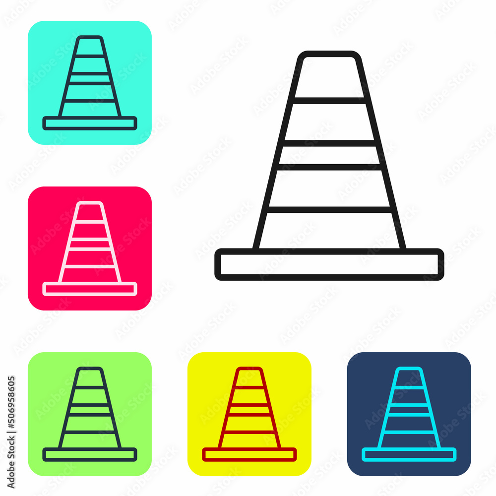 Poster black line traffic cone icon isolated on white background. set icons in color square buttons. vector