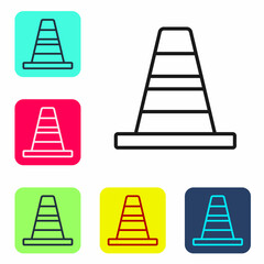 Black line Traffic cone icon isolated on white background. Set icons in color square buttons. Vector