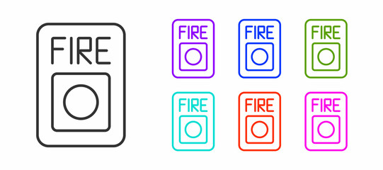 Black line Fire alarm system icon isolated on white background. Pull danger fire safety box. Set icons colorful. Vector