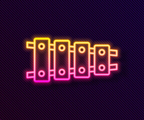 Glowing neon line Xylophone - musical instrument with thirteen wooden bars and two percussion mallets icon isolated on black background. Vector