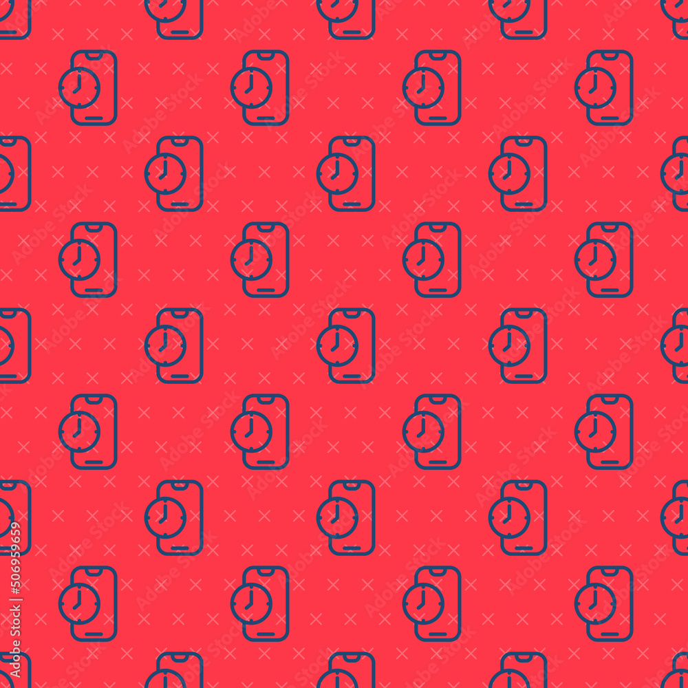 Poster Blue line Alarm clock app smartphone interface icon isolated seamless pattern on red background. Vector