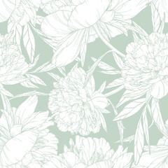 Fototapeta premium Vector seamless pattern with many large peonies on pale green background. White flowers with stroke and leaves on one stem. Decorative element for wedding layouts design. Romantic vintage composition.