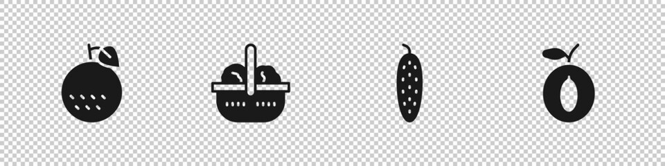 Set Orange fruit, Basket and food, Cucumber and Plum icon. Vector