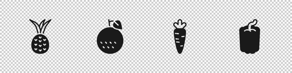 Set Pineapple, Orange fruit, Carrot and Bell pepper icon. Vector
