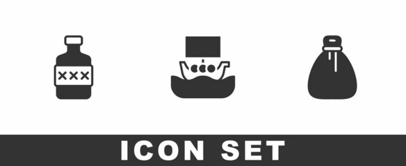 Set Whiskey bottle, Viking ship Drakkar and Old money bag icon. Vector