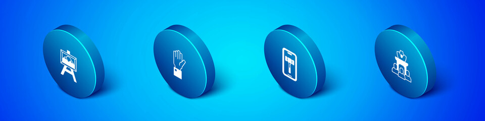 Set Isometric Auction painting, Online auction, jewelry sale and Hand holding icon. Vector