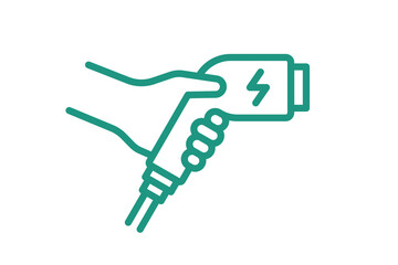 Obraz premium Hand holding electric charger connector linear icon. Electrical transportation charging plug symbol. Eco friendly electro vehicle charge sign. Vector battery powered EV transport station eps logo