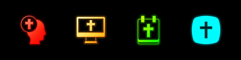 Set Priest, Christian cross on monitor, Calendar with Easter and icon. Vector