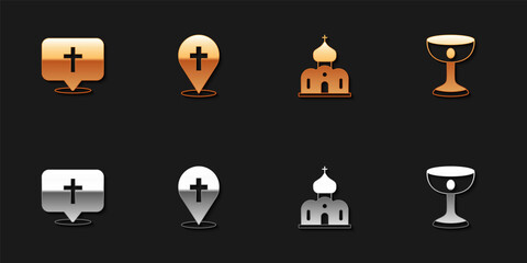 Set Location church building, Church and Christian chalice icon. Vector