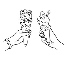 closeup  hands holding melting ice cream waffle cone illustration vector hand drawn isolated on white background line art.