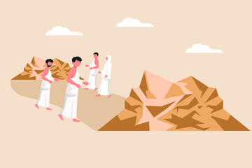 Some muslims walk between the two mountains (called Sa'ee). Hajj and umrah concept. Colored flat vector illustration.