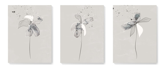 Abstract floral background with watercolor elements in art line style in pastel colors. Botanical poster set for home decor, packaging, print, wallpaper