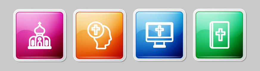 Obraz premium Set line Church building, Priest, Christian cross on monitor and Holy bible book. Colorful square button. Vector