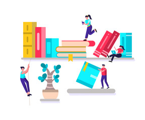 Flat illustration concept Tiny students are reading a book on a large shelf. About school education that needs a library for students to read to gain knowledge. Both e-book and textbook formats