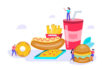 Flat illustration concept Tiny people are eating fast food: donuts, pizza, French fries, stuffed bread, sausages, drinks, soft drinks, hamburgers. which is western food that provides high nutritional.