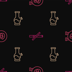 Set line Tobacco leaf shop, Bong and No smoking on seamless pattern. Vector