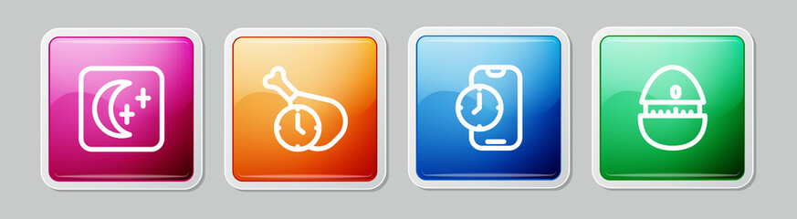 Set line Moon and stars, Food time, Alarm clock app mobile and Kitchen timer. Colorful square button. Vector