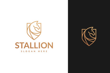 stallion horse head and shield with line outline monoline style logo design vector