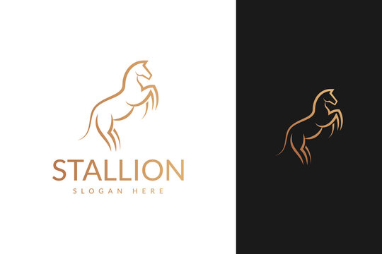 standing stallion horse with line outline monoline style logo design vector