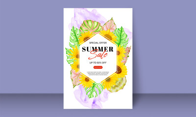 Summer sale banner with watercolor sunflower tropical leaves