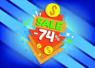 Sale discount, tags and arrow icons for promotion, seventy-four percent off, -74%