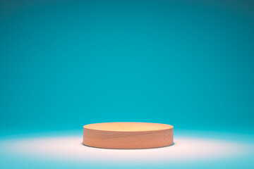 Wooden cylinder podium on a turquoise background