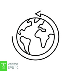 Earth globe icon. Simple outline style. Around planet with arrow. Thin line symbol. Vector illustration isolated on white background. EPS 10.
