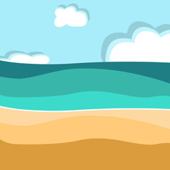 Fototapeta na wymiar Vector background with ocean and beach in flat technique with a sky and clouds 
