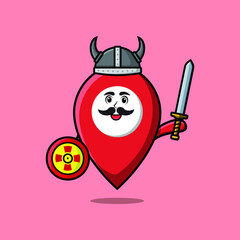 Cute cartoon character Pin location viking pirate with hat and holding sword and shield 
