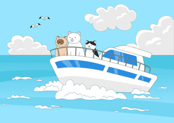 Vector illustration of cats on a yacht.