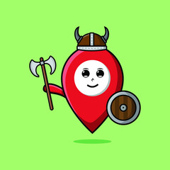 Naklejka premium Cute cartoon character Pin location viking pirate with hat and holding ax and shield 