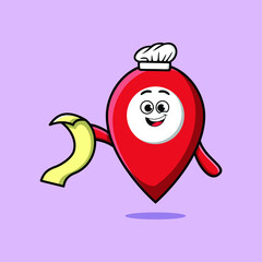 Cute cartoon pin location chef character with menu in hand