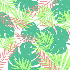 Summer background with leaves pattern. White background with pastel pink blue green leaves