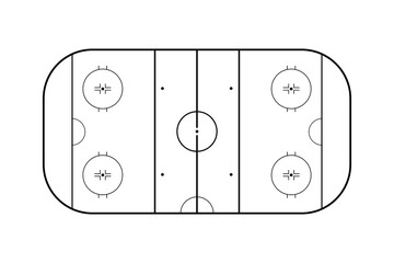 Hockey rink top view thin line, game strategy sport plan. Hockey field template playground in black and white color, tactic play on frozen sporty stadium, vector illustration