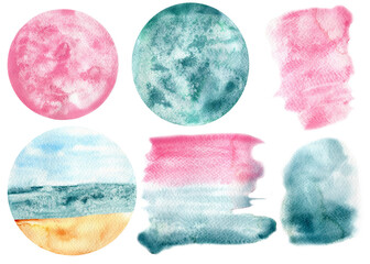 Collection of watercolor backdrops in blue and pink colors for decor and design. Isolated on white backdrop. 