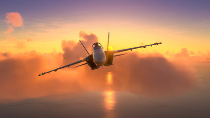 Militar aircraft flying over the amazing sunset. - obrazy, fototapety, plakaty