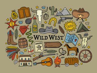 Wild Western. Adventure Background. Icons collection for your design