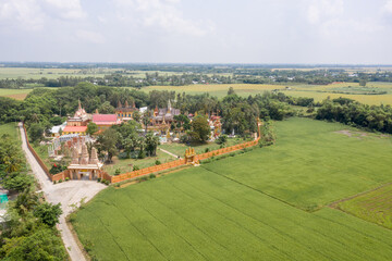Aerial view of the campus of Khmer temple Bung Coc, Soc Trang, Viet Nam