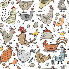 Funny farm birds family. Chicken and Rooster characters. Seamless pattern background for your design