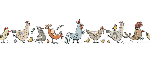 Funny farm birds family. Chicken and Rooster characters. Seamless pattern background for your design © Kudryashka